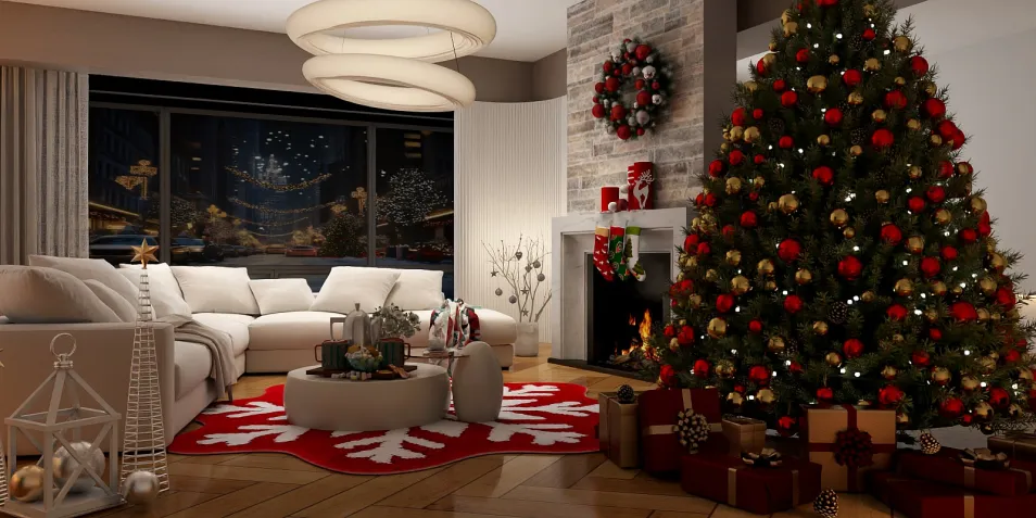 cozy living room decorated for Christmas with a large tree, showcasing holiday spirit in modern style, featuring interior design optimization with Homestyler's real-time 3D rendering.