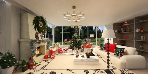 cozy living room decorated for Christmas with a fireplace and a Christmas tree, showcasing festive interior design; featuring Homestyler's real-time 3D rendering for instant design visualization.