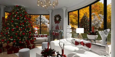 luxurious living room decorated for Christmas featuring a grand Christmas tree with ornaments, designed in a contemporary style, showcasing holiday spirit in the interior decor space; utilizes Homestyler's real-time 3D rendering feature for an accurate design preview.