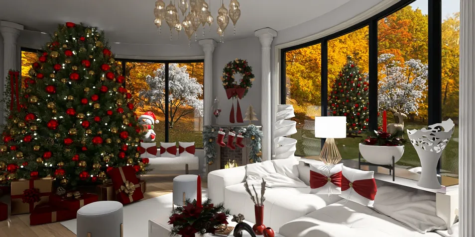 luxurious living room decorated for Christmas featuring a grand Christmas tree with ornaments, designed in a contemporary style, showcasing holiday spirit in the interior decor space; utilizes Homestyler's real-time 3D rendering feature for an accurate design preview.