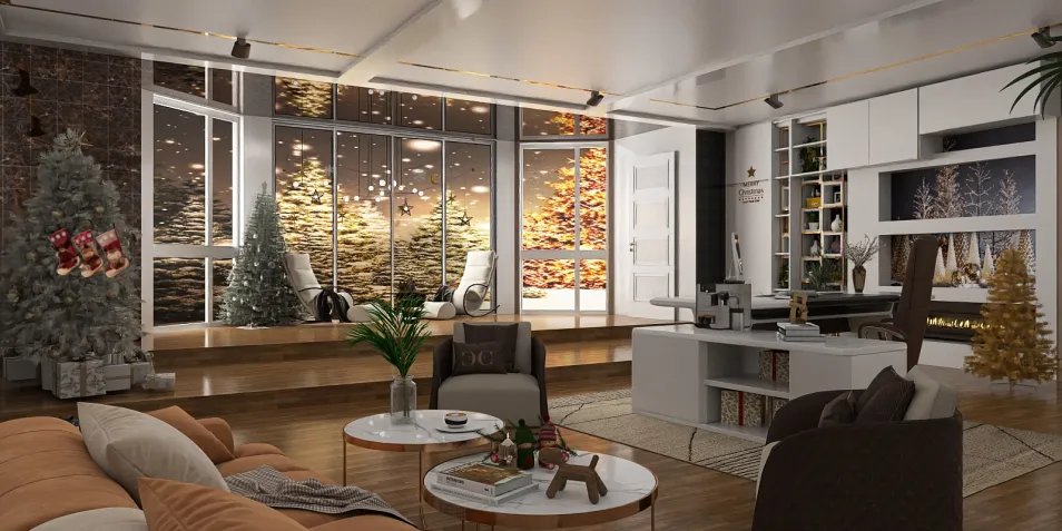 cozy living room decorated for holidays featuring a modern sofa and festive elements with a warm ambiance using Homestyler's real-time 3D rendering feature for design proposals.