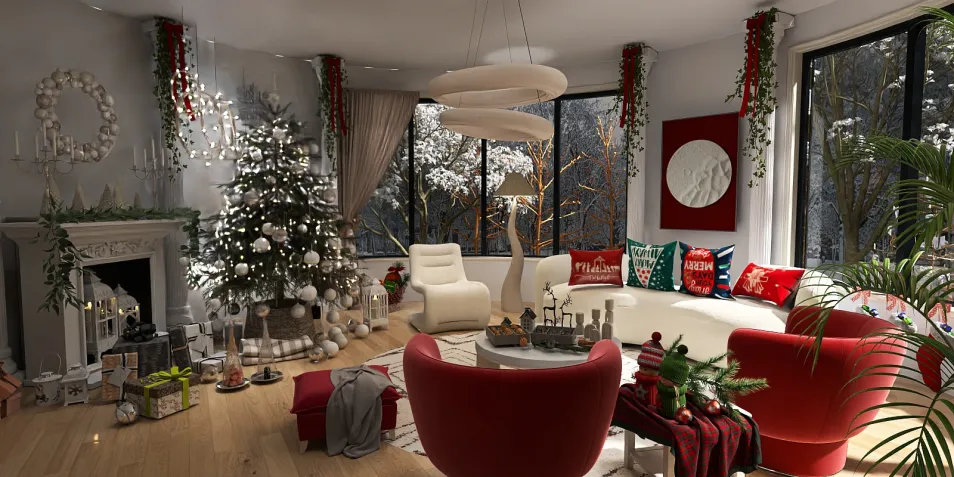 cozy living room decorated for Christmas with a Christmas tree, modern furniture arrangement in a festive style, showcasing interior design optimization using Homestyler's real-time 3D rendering feature.