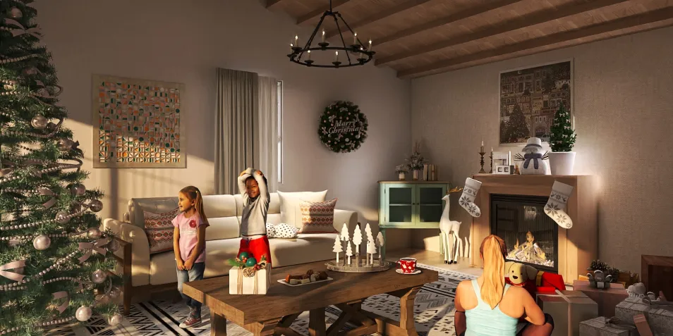 cozy living room Christmas scene featuring family decorating a tree with festive ornaments in a modern rustic style that promotes warmth and togetherness; designed using Homestyler's real-time 3D rendering feature.