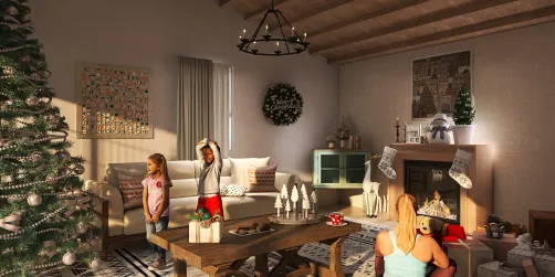 cozy living room Christmas scene featuring family decorating a tree with festive ornaments in a modern rustic style that promotes warmth and togetherness; designed using Homestyler's real-time 3D rendering feature.