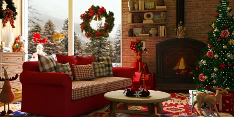 cozy living room decorated for Christmas featuring a red sofa with plaid cushions, a traditional fireplace, a Christmas tree, and festive ornaments, showcasing interior design with Homestyler's real-time 3D rendering functionality.