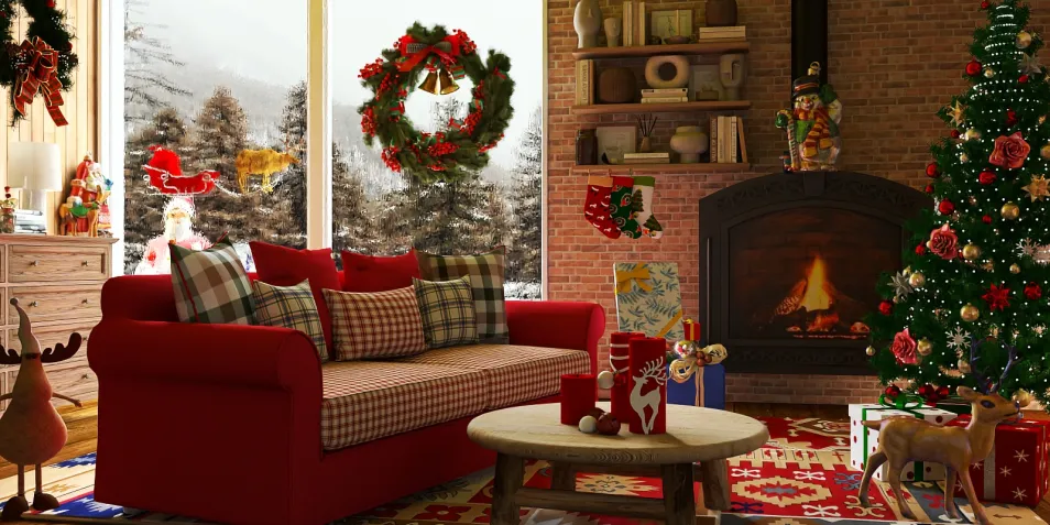 cozy living room decorated for Christmas featuring a red sofa and festive decorations including a Christmas tree and fireplace, ideal for holiday interior design inspiration using Homestyler's real-time 3D rendering feature