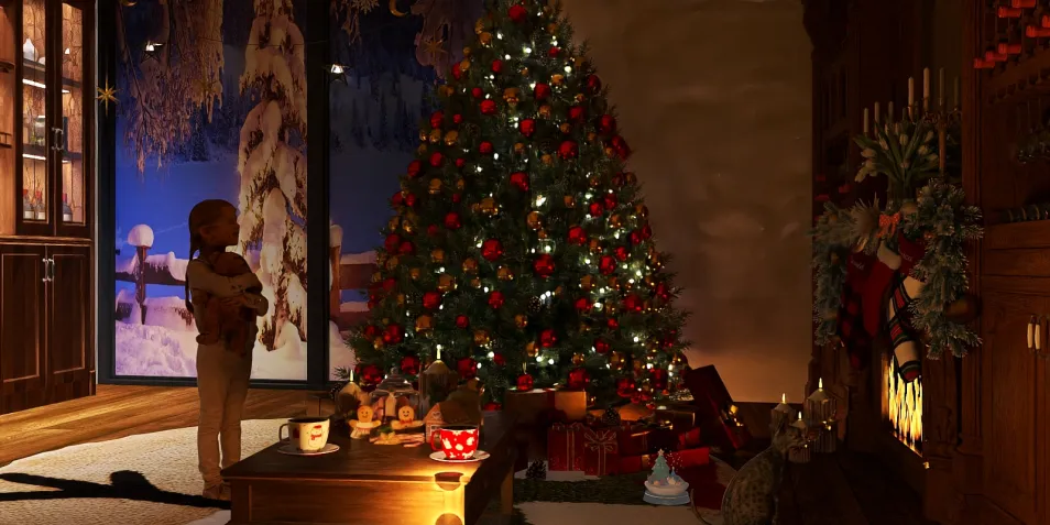 child admiring a beautifully decorated Christmas tree in a cozy living room, featuring warm wooden accents and festive decorations, showcasing Homestyler's real-time 3D rendering for interior design visualization.