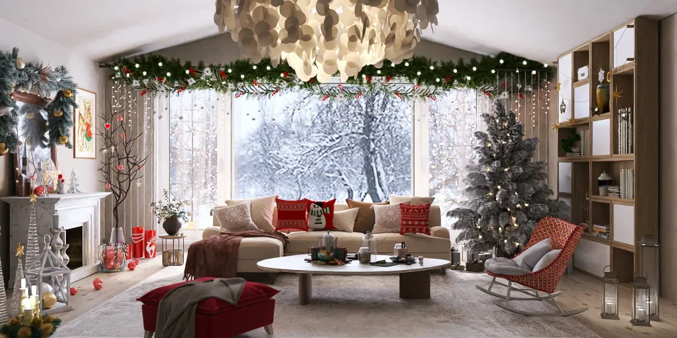 cozy living room decorating for winter holiday with festive lights and a Christmas tree in a modern style using Homestyler's real-time 3D rendering feature