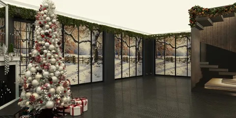 Christmas tree decorating a modern living room with snowy landscape murals, showcasing festive decor in a cozy seasonal style, featuring Homestyler's real-time 3D rendering for design preview.