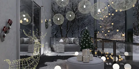 cozy winter-themed living room decorated with fairy lights and a Christmas tree, featuring a modern Scandinavian style, showcasing interior decor design using Homestyler's real-time 3D rendering feature.