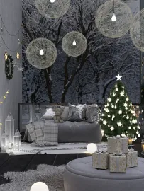 cozy living room with festive decor and a Christmas tree featuring 3D furniture arrangement in a modern style, utilizing Homestyler's real-time 3D rendering feature.