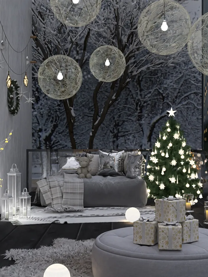 cozy living room with festive decor and a Christmas tree featuring 3D furniture arrangement in a modern style, utilizing Homestyler's real-time 3D rendering feature.