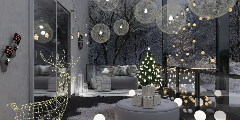 decorative winter living room featuring a cozy arrangement with fairy lights and a Christmas tree, showcasing festive charm in a modern style, highlighting Homestyler's real-time 3D rendering capability
