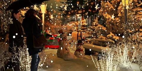women observing a festive winter scene with snowmen and holiday decorations in a cozy outdoor environment, creating a cheerful atmosphere for interior decor inspiration using Homestyler's real-time 3D rendering feature.