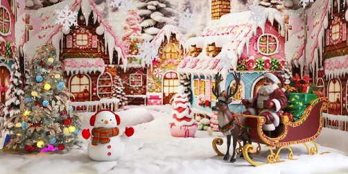 festive winter scene featuring Santa Claus with a reindeer in a sleigh, decorated gingerbread houses in a whimsical style, showcasing holiday spirit in a cozy interior decor setting, utilizing Homestyler's real-time 3D rendering feature.