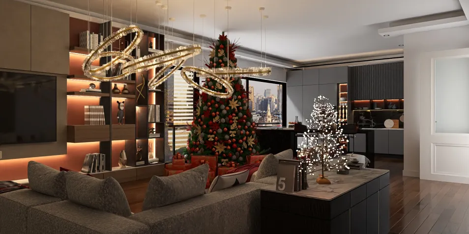 modern living room decorated for Christmas featuring a large Christmas tree and elegant lighting with a cozy sofa arrangement; contemporary interior design; utilizing Homestyler's real-time 3D rendering feature for design preview