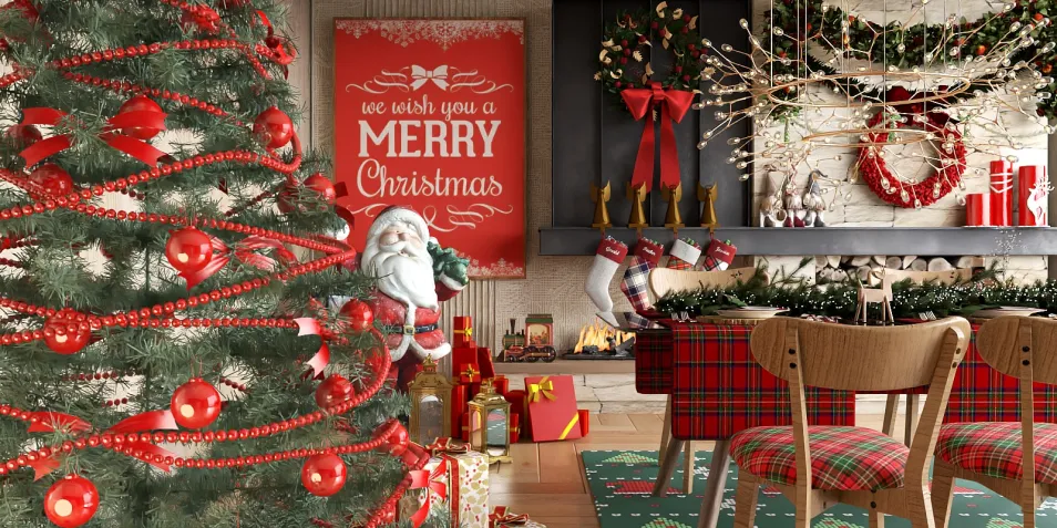 Christmas tree decorated with red ornaments and lights, creating a festive atmosphere in a cozy dining space styled in traditional holiday decor, featuring a warm fireplace and decorative wall art, showcasing Homestyler's real-time 3D rendering for a joyful interior design.