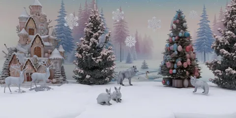 Winter animal scene featuring a decorated Christmas tree and a whimsical castle in a snowy landscape, showcasing festive decorations in a cozy holiday style, ideal for interior decor inspiration.
