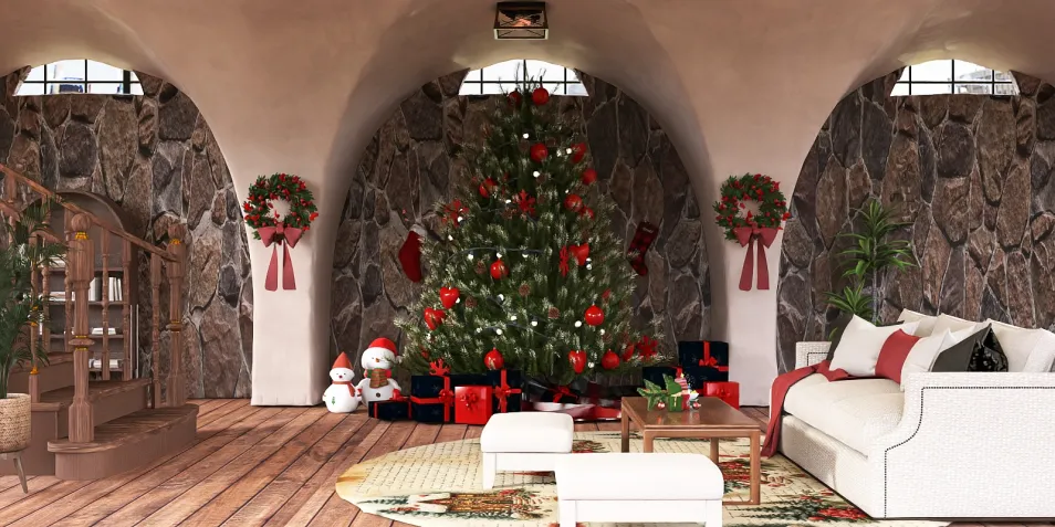 Cozy living room decorated for Christmas with a beautifully lit tree and festive ornaments, featuring rustic stone walls and a warm wooden floor, optimized for holiday interior design using Homestyler's real-time 3D rendering.