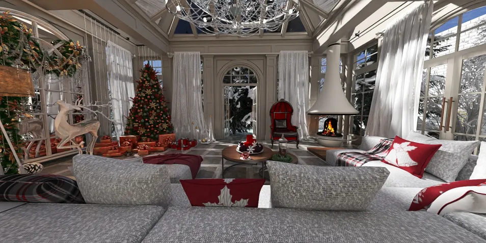 cozy living room decorated for Christmas with a festive tree and warm fireplace showcasing an inviting winter atmosphere, designed using Homestyler's real-time 3D rendering feature for an immersive home decor experience.