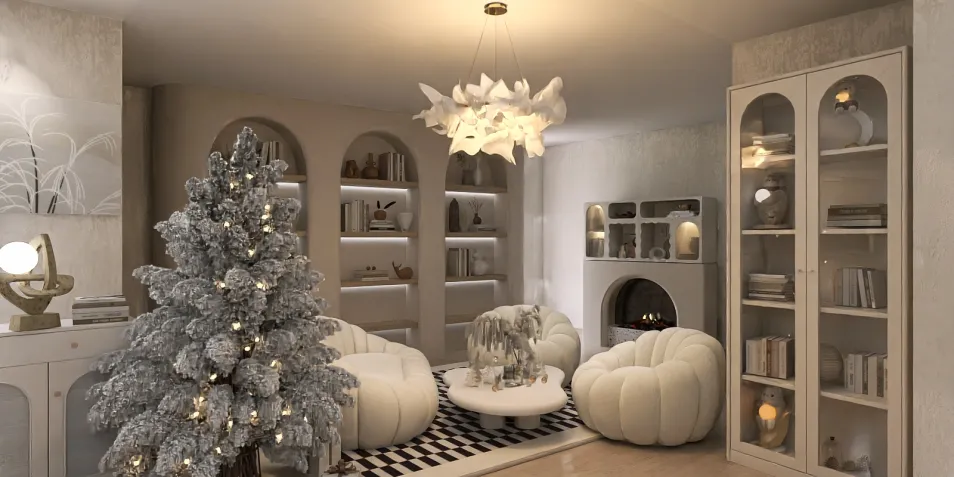 Cozy winter living room featuring a decorated Christmas tree, modern furniture arrangement, and warm lighting style, exemplifying interior decor with Homestyler's real-time 3D rendering for design preview.