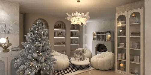 Cozy winter living room featuring a decorated Christmas tree, modern furniture arrangement, and warm lighting style, exemplifying interior decor with Homestyler's real-time 3D rendering for design preview.