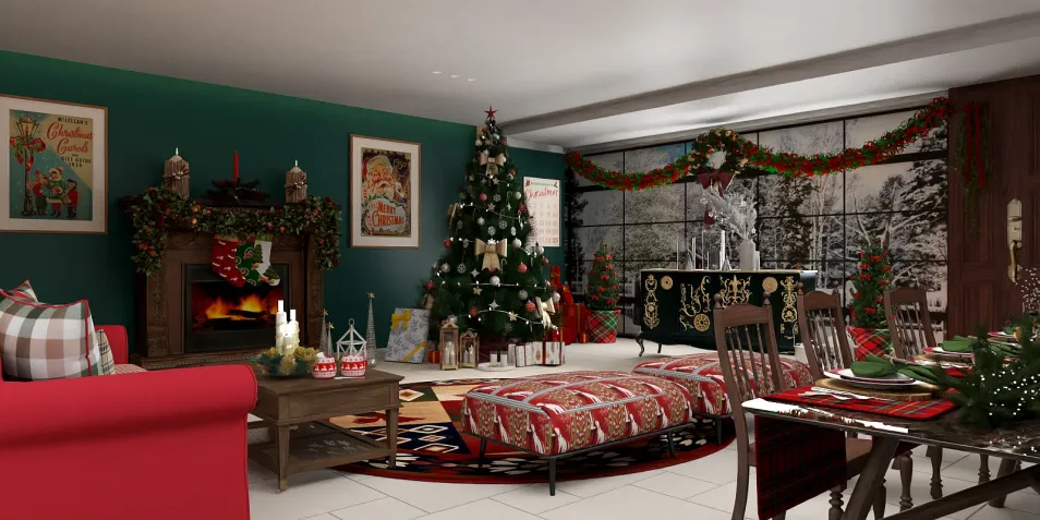 Christmas living room with holiday decorations featuring a beautifully adorned Christmas tree, cozy fireplace, festive table settings, and a warm, inviting atmosphere designed using Homestyler's real-time 3D rendering feature for a stunning interior decor preview.