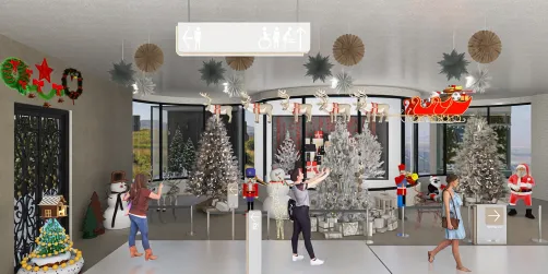 Festively decorated living room featuring Christmas trees and holiday ornaments, showcasing a cheerful holiday design style, created using Homestyler's 3D interior design tools.