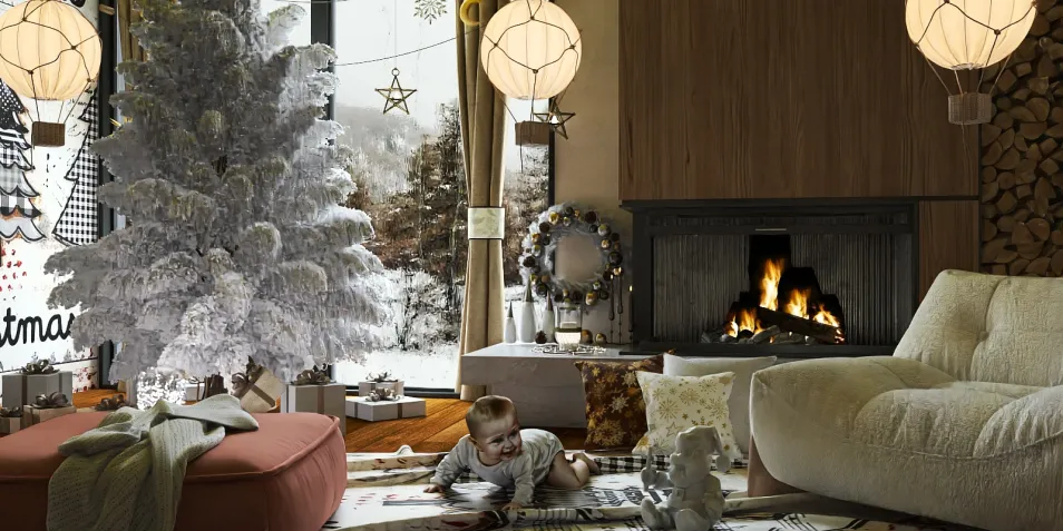 cozy living room with a Christmas tree and fireplace, showcasing festive winter decor, creating a warm atmosphere for family gatherings, featuring Homestyler's real-time 3D rendering capability.