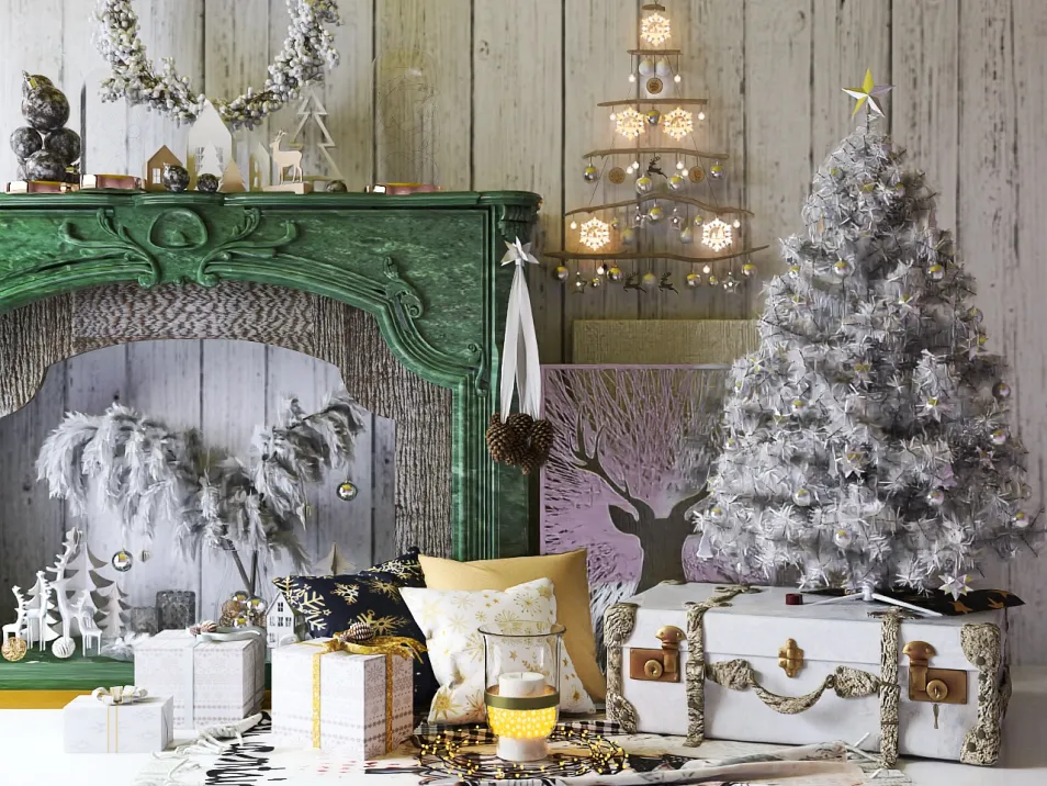 Festive living room decor with a green mantel, decorated Christmas tree, and holiday gifts arranged creatively, showcasing a cozy and cheerful atmosphere, featuring Homestyler's real-time 3D rendering for design preview.