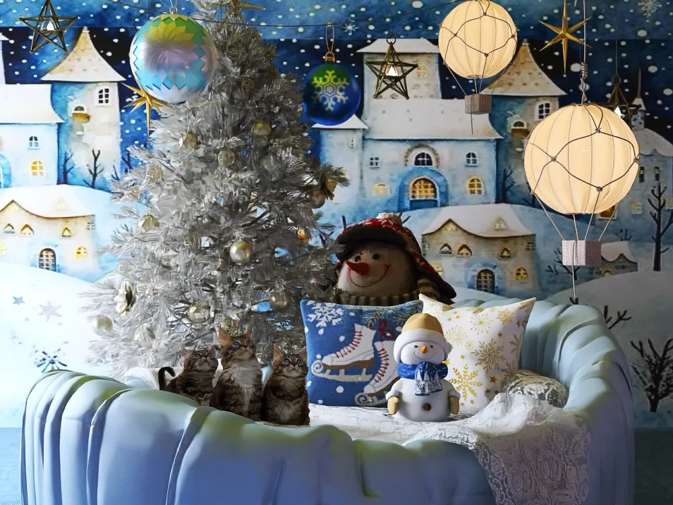 cozy living room design featuring a Christmas tree with decorative ornaments, whimsical snowman accent, and festive wall art in a winter wonderland theme, showcasing Homestyler's AR virtual furniture placement for accurate decor arrangement.