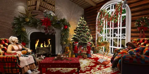 cozy holiday living room with festive decorations and a fireplace, showcasing a warm rustic style, ideal for family gatherings, using Homestyler's real-time 3D rendering feature