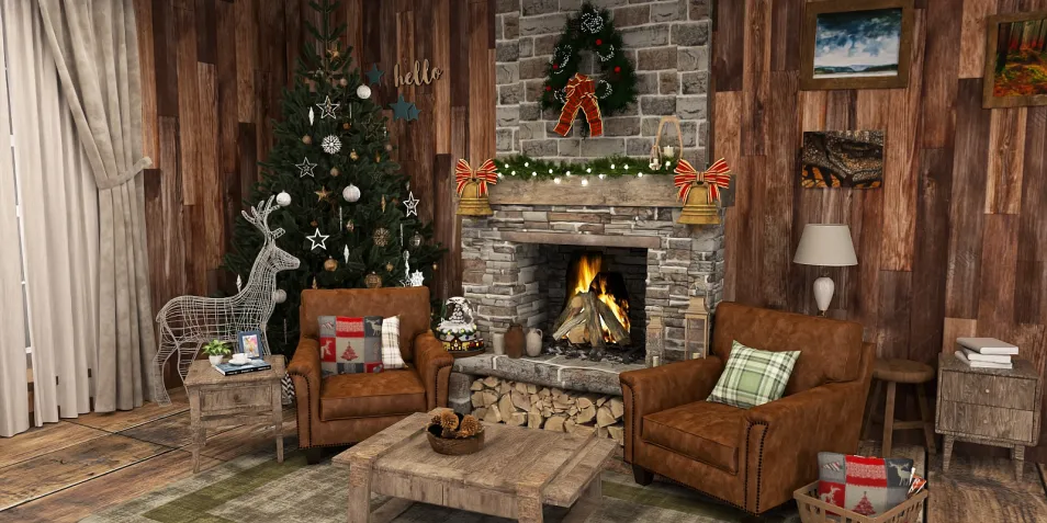 cozy living room with a Christmas tree and fireplace decorating for the holidays in rustic style, featuring interior decor showcasing a warm atmosphere and using Homestyler's real-time 3D rendering.