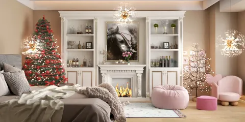 cozy living room featuring a decorated Christmas tree and elegant fireplace design in modern style with a warm color palette; showcasing interior decor ideas for festive home ambiance using Homestyler's real-time 3D rendering feature.