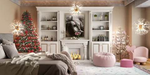cozy living room with a decorated Christmas tree and elegant fireplace, featuring a modern aesthetic and festive ambiance, showcasing interior decor design with Homestyler's real-time 3D rendering