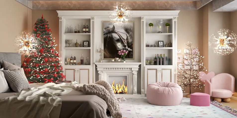 cozy living room with a decorated Christmas tree and elegant fireplace, featuring a modern aesthetic and festive ambiance, showcasing interior decor design with Homestyler's real-time 3D rendering