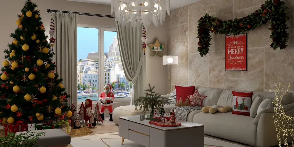 cozy living room decorated for Christmas with a festive tree and holiday ornaments, showcasing an interior design style focused on seasonal decoration, utilizing Homestyler's 3D rendering feature for a realistic preview.