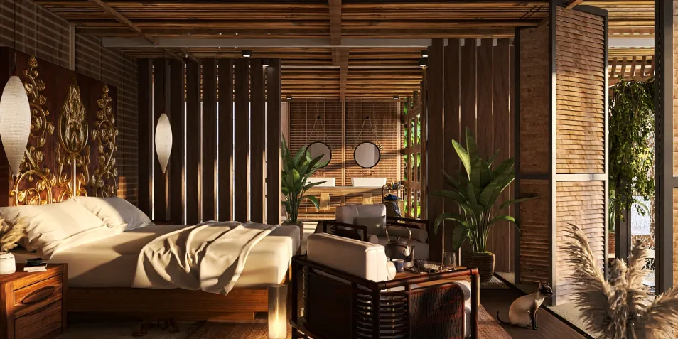 stylish bedroom featuring cozy bedding and natural materials, showcasing a rustic design for a relaxing atmosphere, utilizing Homestyler's real-time 3D rendering feature to visualize interior decor.