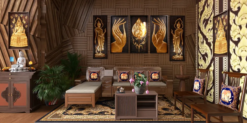 wooden seating arrangement featuring traditional artwork and decorative cushions in a cozy living room style, showcasing interior decor optimization with Homestyler's real-time 3D rendering.