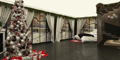 Christmas tree decorations in a modern bedroom setting with winter scenery wallpaper, showcasing festive design elements and cozy ambiance, utilizing Homestyler's real-time 3D rendering feature for quick previews.