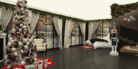 Christmas tree adorned with ornaments and gifts arranged in a festive living room, featuring a cozy winter decor style and an immersive 3D rendered design experience using Homestyler.