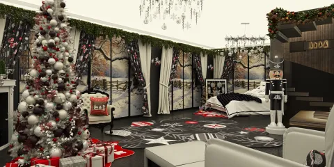 Christmas-themed interior design featuring a decorated tree, holiday ornaments, and a cozy bedroom ambiance with a nutcracker figure, showcasing interior decor ideas for festive home styling using Homestyler's real-time 3D rendering.