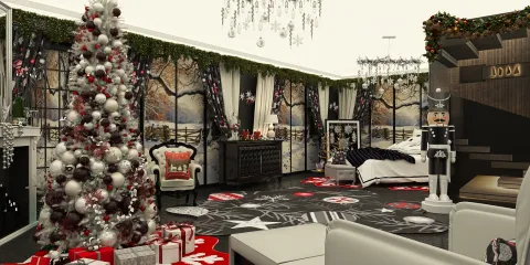 Christmas-themed living room decorated with a large tree and festive elements, showcasing seasonal elegance and comfort, featuring the Homestyler real-time 3D rendering tool for design visualization.