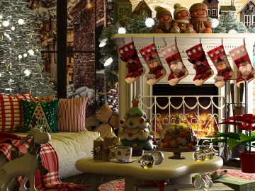 living room decorated for Christmas featuring a cozy fireplace and stockings hung with care, designed using Homestyler for a festive atmosphere that enhances holiday comfort