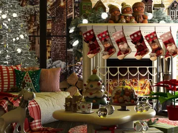 cozy living room decorated for Christmas with a fireplace and stockings, featuring a festive atmosphere and holiday decor, showcasing Homestyler's real-time 3D rendering capabilities