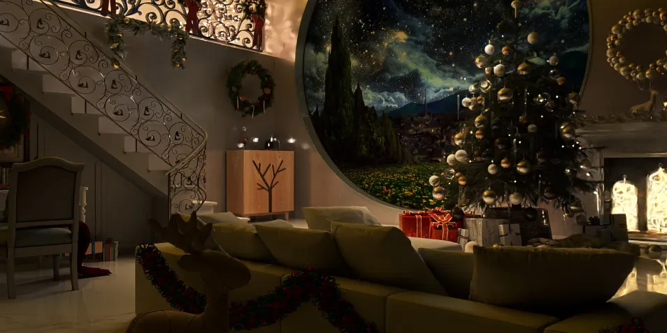 cozy living room decorated for Christmas with a beautifully lit tree and festive ornaments featuring a starry night view, showcasing homestyler's real-time 3D rendering feature for interior design.