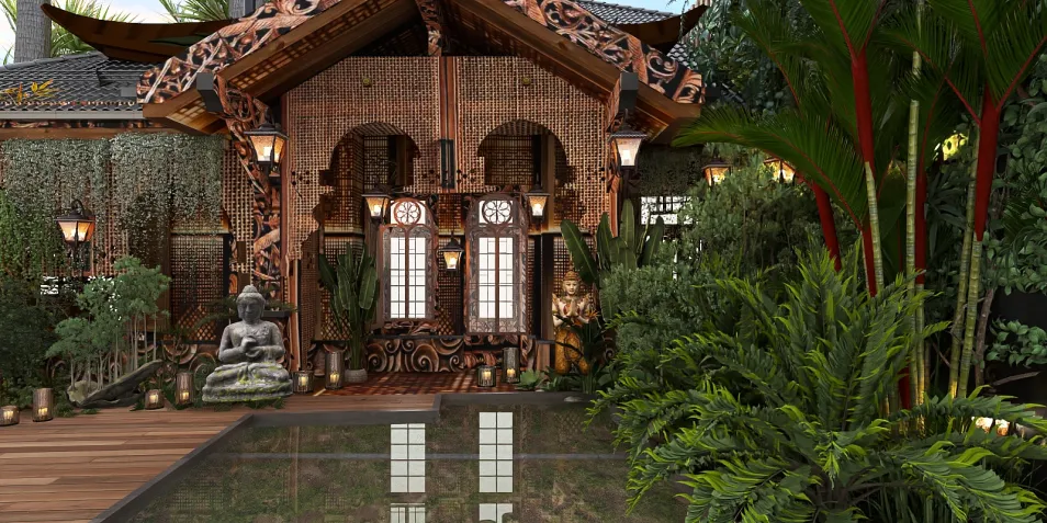 traditional wooden house design featuring an outdoor garden with lush greenery and water reflection, showcasing a serene and peaceful ambiance, utilizing Homestyler's real-time 3D rendering feature