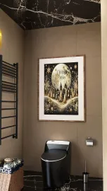 modern bathroom featuring a black toilet and decorative wall art, designed using Homestyler for a luxurious aesthetic, showcasing texture optimization with 3D rendering capabilities.