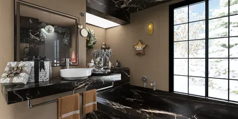 luxurious bathroom design featuring a marble sink area and decorative elements, showcasing a modern style that enhances the space's elegance, using Homestyler's 3D rendering for realistic visualization.