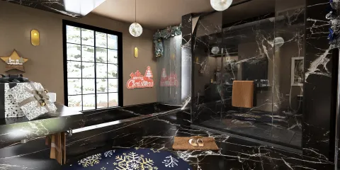 modern bathroom design featuring a luxurious marble finish with a walk-in shower and decorative elements, showcasing interior decor trends using Homestyler's real-time 3D rendering feature.